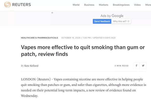 國際權威醫學組織Cochrane：電子煙具有戒煙作用，且效果優于其他療法